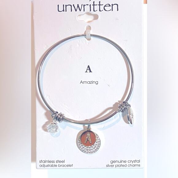 NEW Unwritten SILVER BANGLE BRACELET Crystal Disc Gold Letter “A” Amazing NEW - Picture 1 of 3